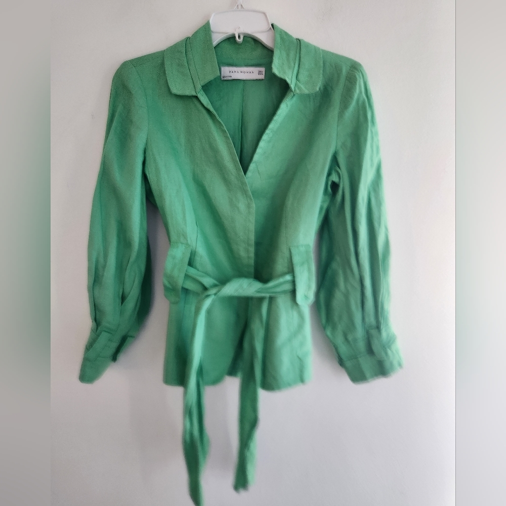 Zara Women Green 100% Linen Long Sleeve Tie Waist Blazer Jacket size Medium